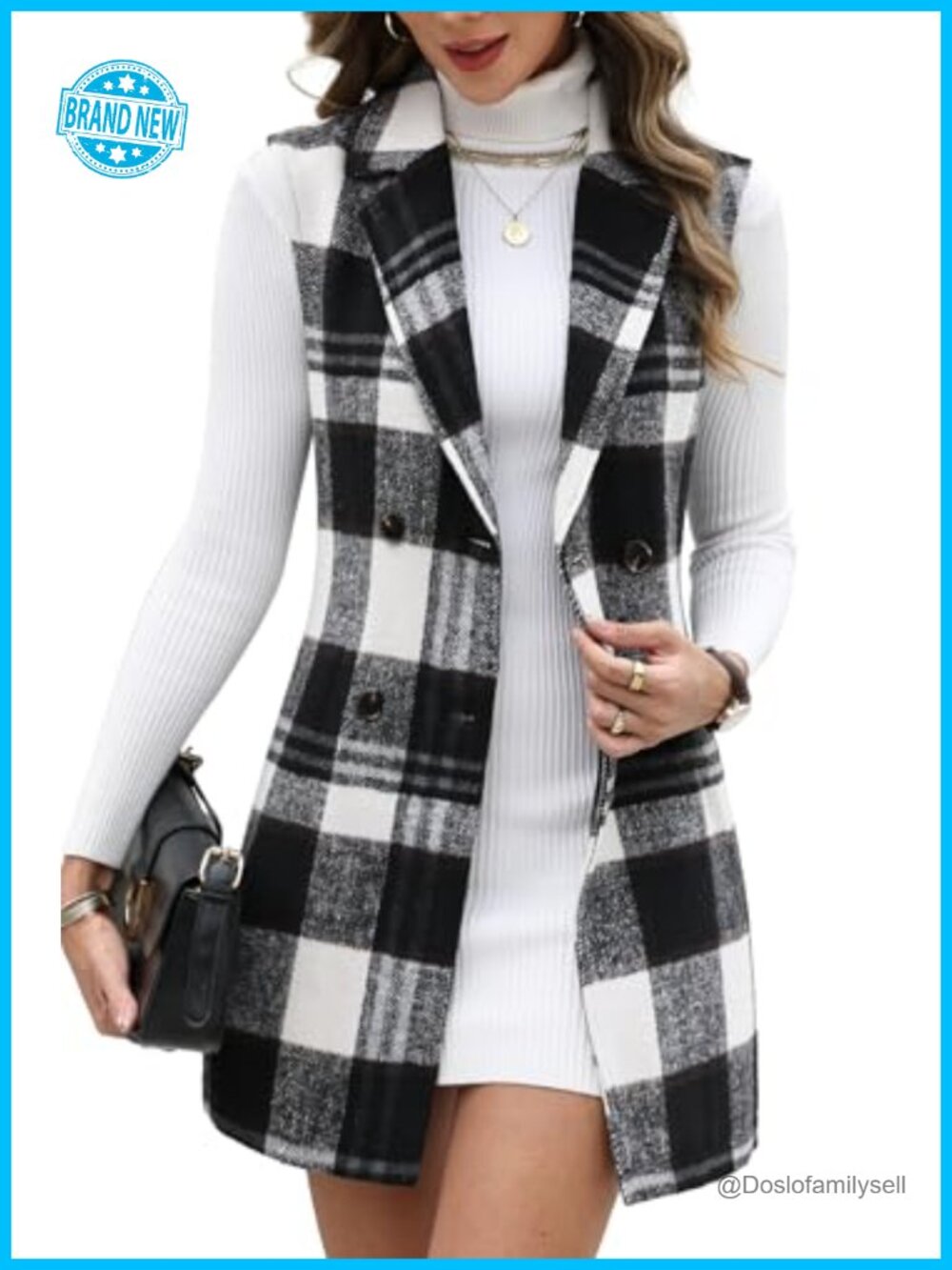 Tweed Plaid Sleeveless Long Vest Top Double-Breasted Business Layering